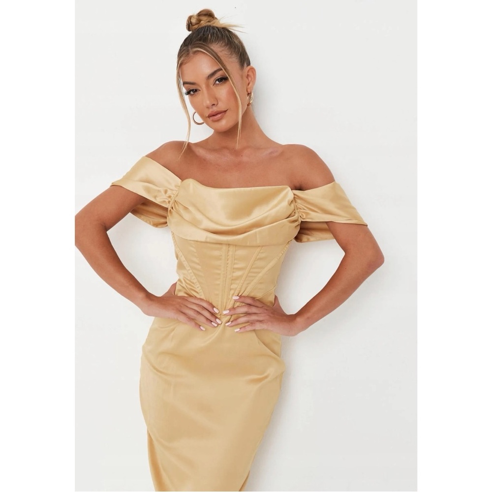 Carli Bybel‎ x Missguided NEW Yellow Drape Neck Satin Corset Long Dress